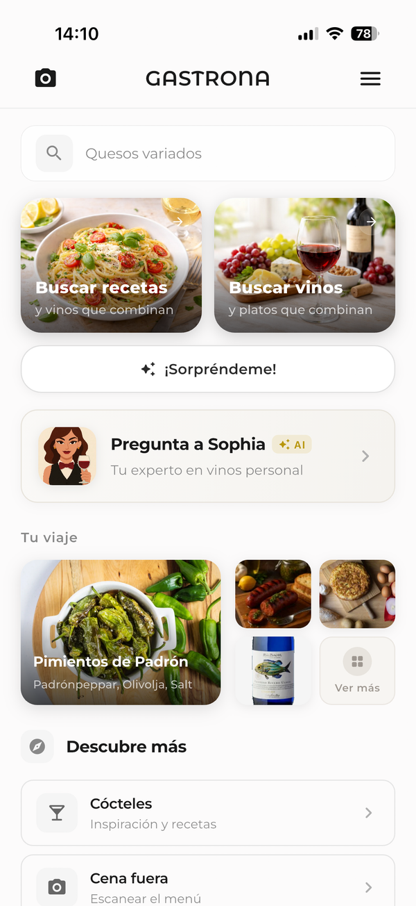 Pantalla de inicio de Gastrona mostrando tu viaje de sabor personal y sugerencias para descubrir.