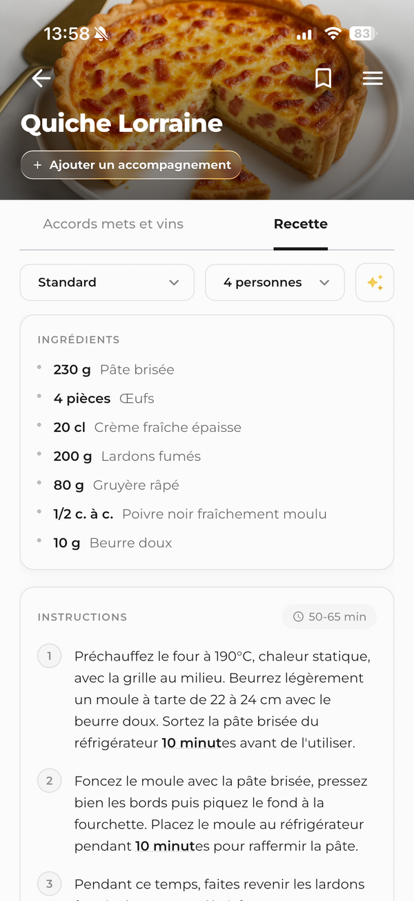 Écran recette Gastrona montrant les ingrédients et les étapes pour des pâtes aux girolles.