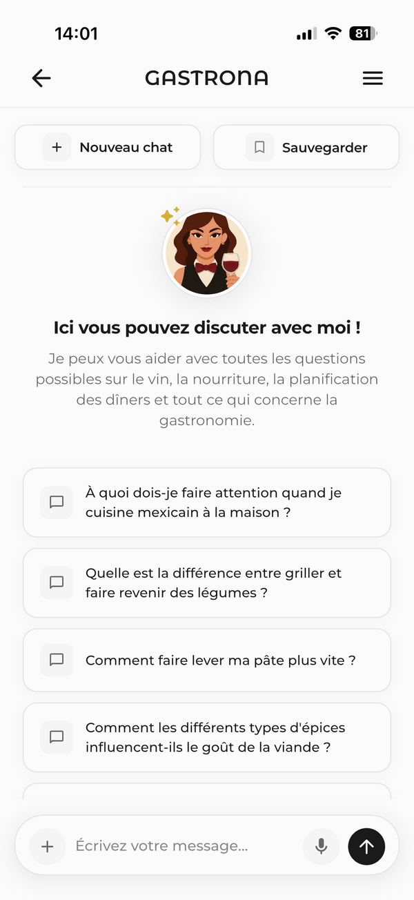 Chat Sophia dans Gastrona avec suggestions de questions.