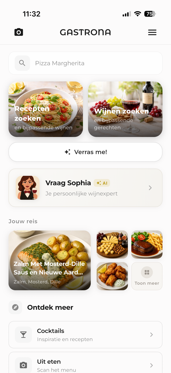 Gastrona-startscherm met je persoonlijke smaakreis en ontdekkingssuggesties.