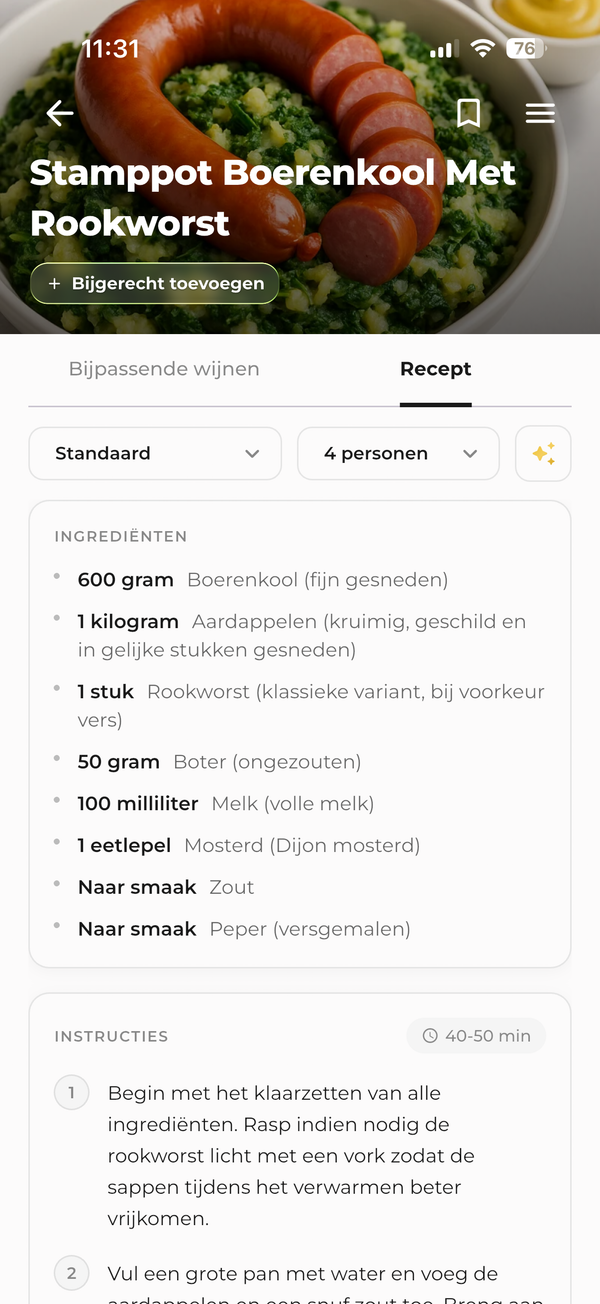 Gastrona-receptscherm met ingrediënten en stappen voor cantharellenpasta.