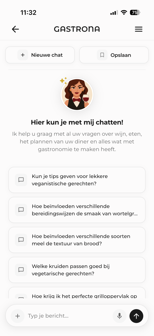 Sophia-chat in Gastrona met suggesties voor vragen.