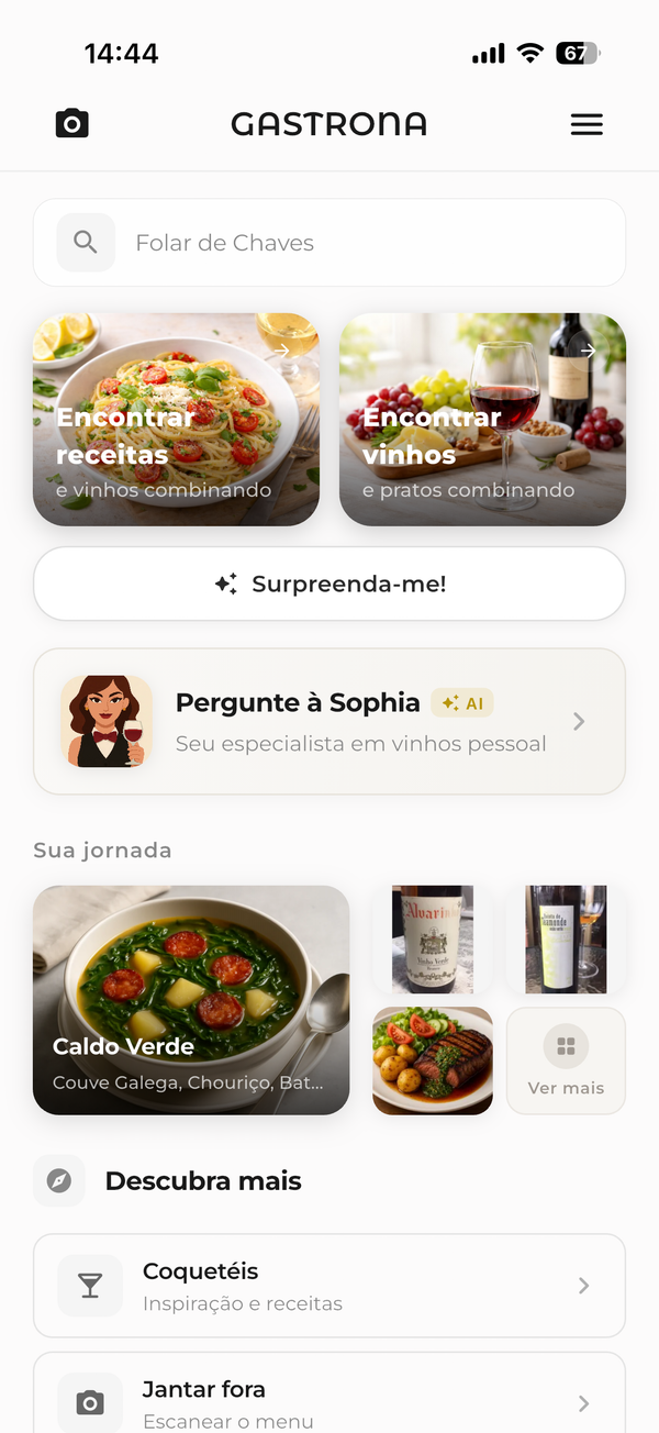 Ecrã inicial da Gastrona com a sua jornada de sabor pessoal e sugestões para descobrir.