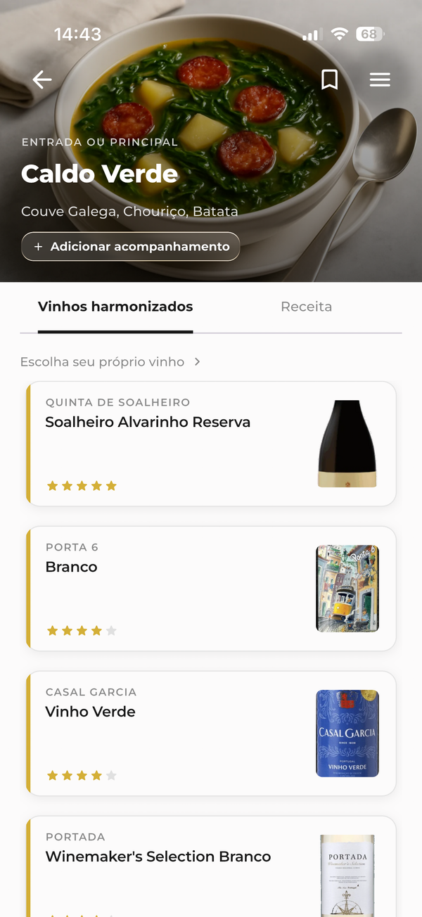 Ecrã de receita da Gastrona com ingredientes e passos para massa com cantarelos.