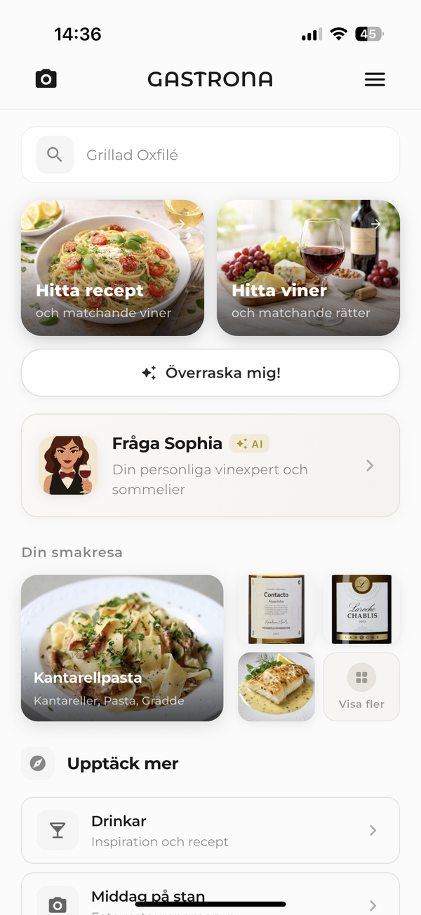Gastrona-hemskärmen visar din personliga smakresa och förslag att upptäcka.