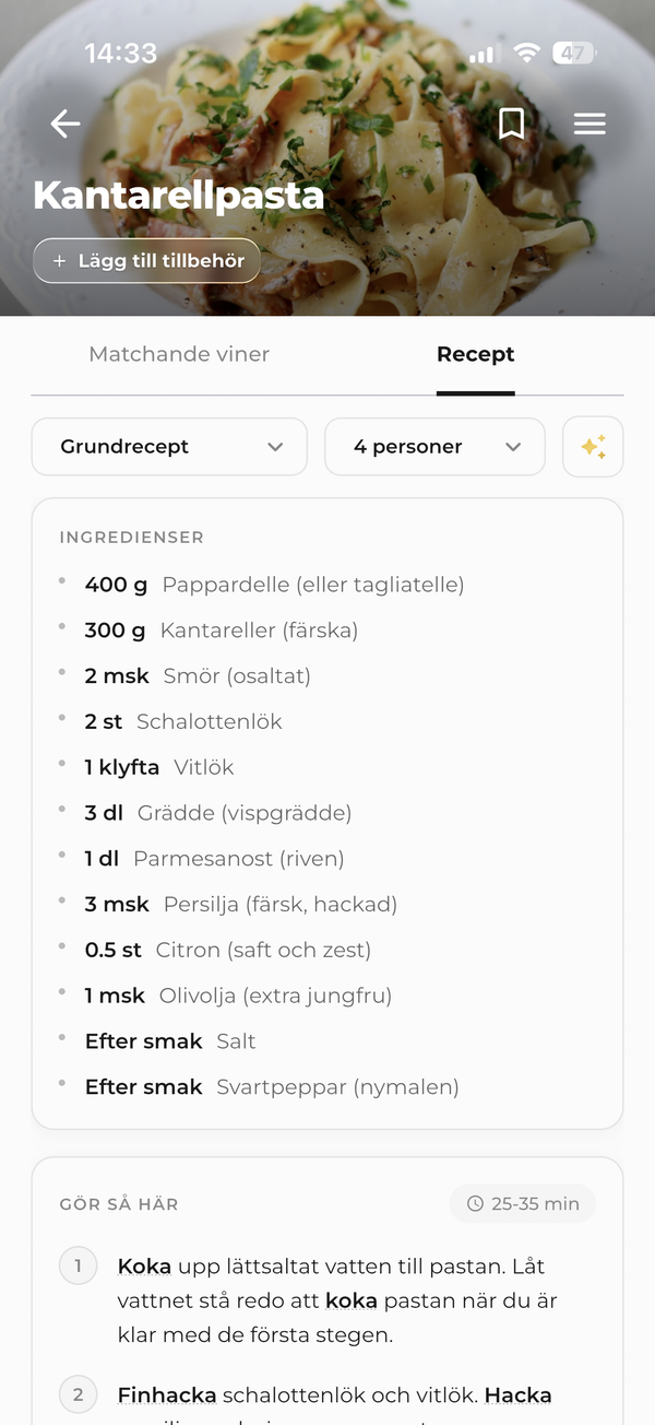 Gastrona-receptskärm som visar ingredienser och steg för kantarellpasta.