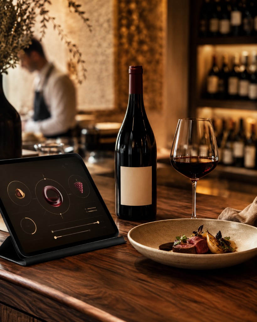 Tablette affichant des accords mets-vins à côté d'une bouteille, d'un verre et d'un plat dans un restaurant haut de gamme