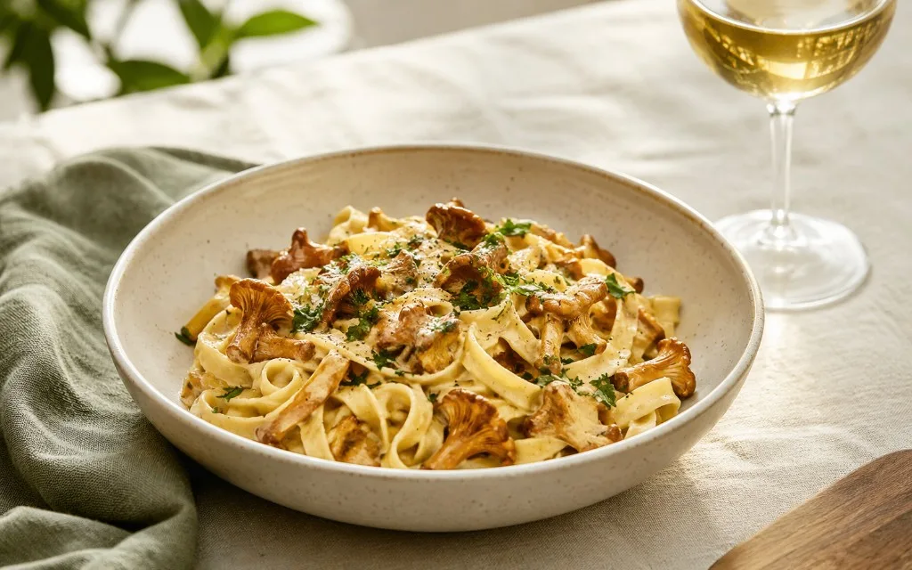 Pâtes crémeuses aux girolles avec un verre de vin blanc