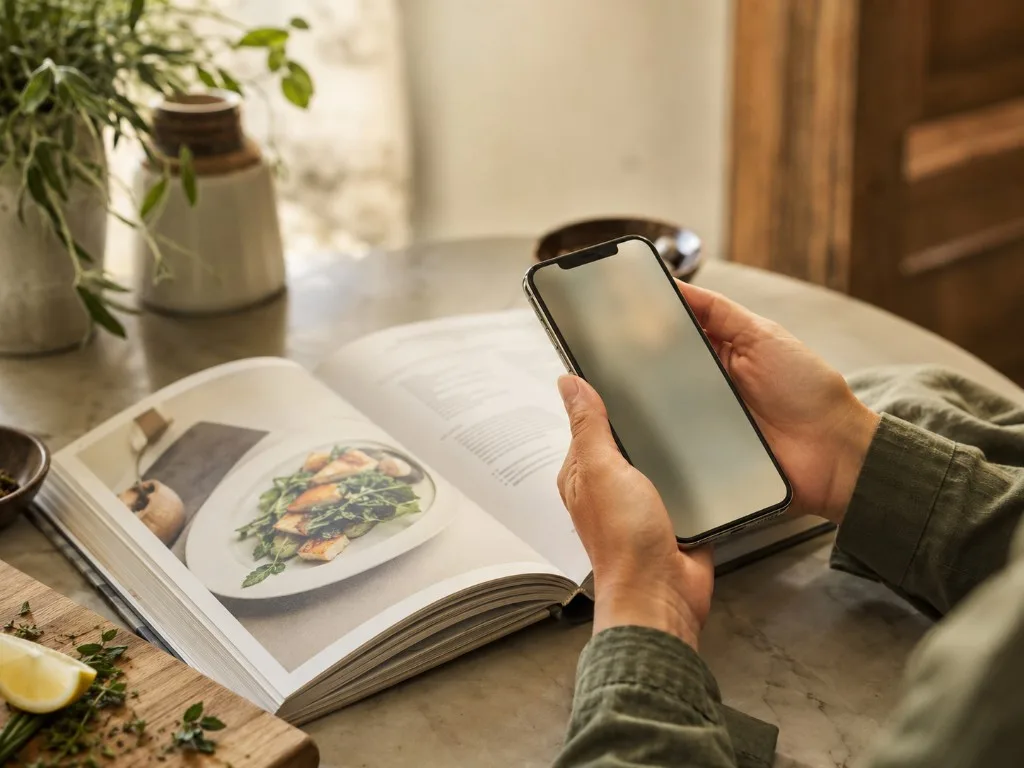 Photographier une recette dans un livre de cuisine avec un téléphone