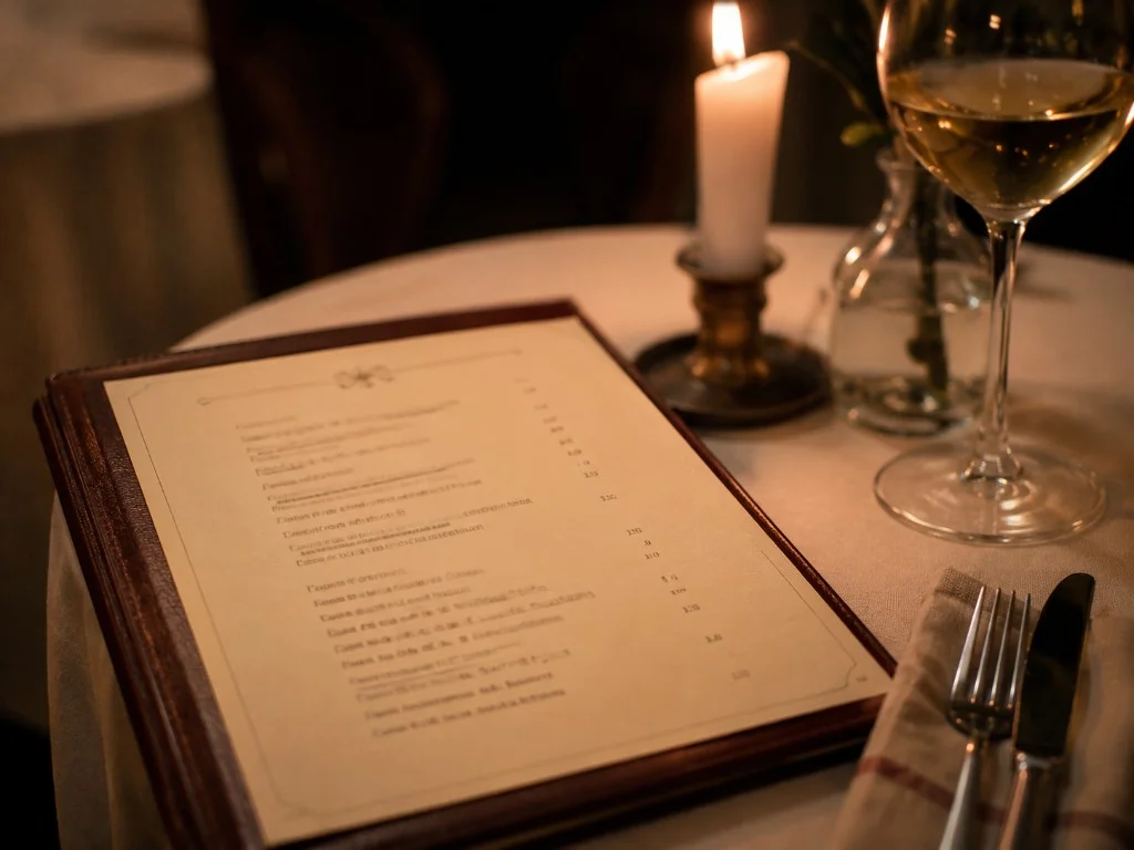 Menu de restaurant sur une table à la lumière des bougies