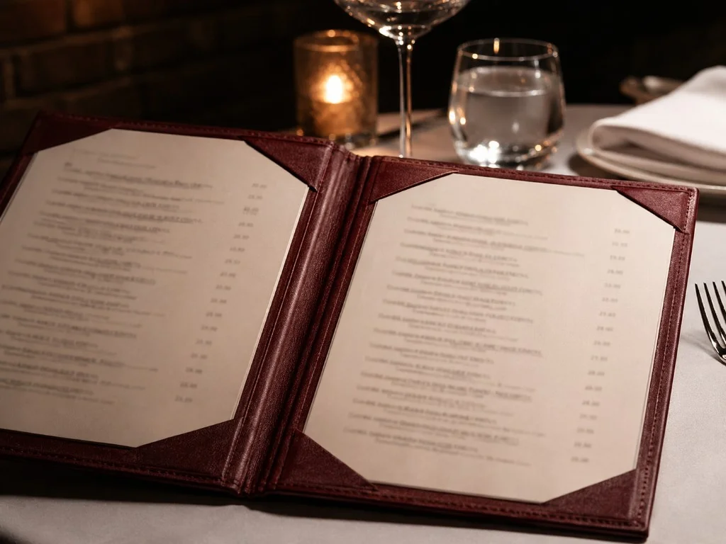Carte des vins ouverte sur nappe blanche